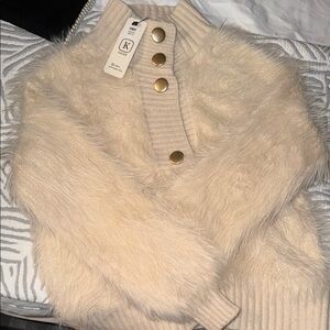 Kailier Cream Fuzzy Sweater with Gold Buttons